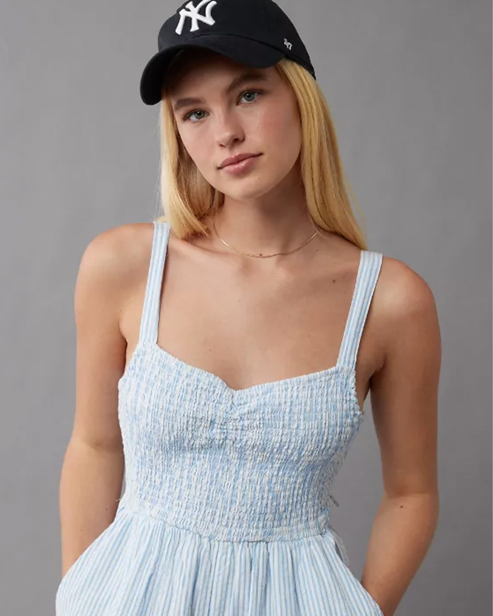 Summer romper in blue and yellow check print.  #aerie #summertrends #summeroutfits2024 #nyyankeeshat #ae #personalstylist #virtualstylist

#LTKSaleAlert #LTKOver40 #LTKStyleTip