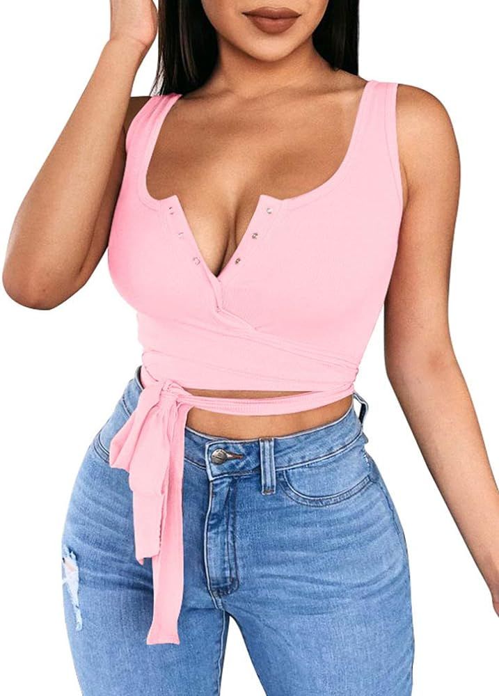 LAGSHIAN Women's Sexy Summer Button Sleeveless Tank Strappy Casual Basic Crop Top | Amazon (US)