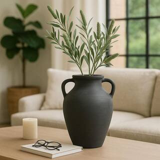 13 in. Black Terra Cotta Amphora Decorative Vase with Double Handles | The Home Depot