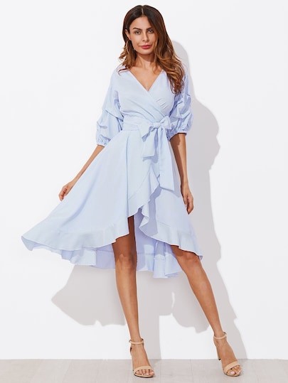 SHEIN Gathered Sleeve Surplice Wrap Pinstripe Ruffle Dress | SHEIN