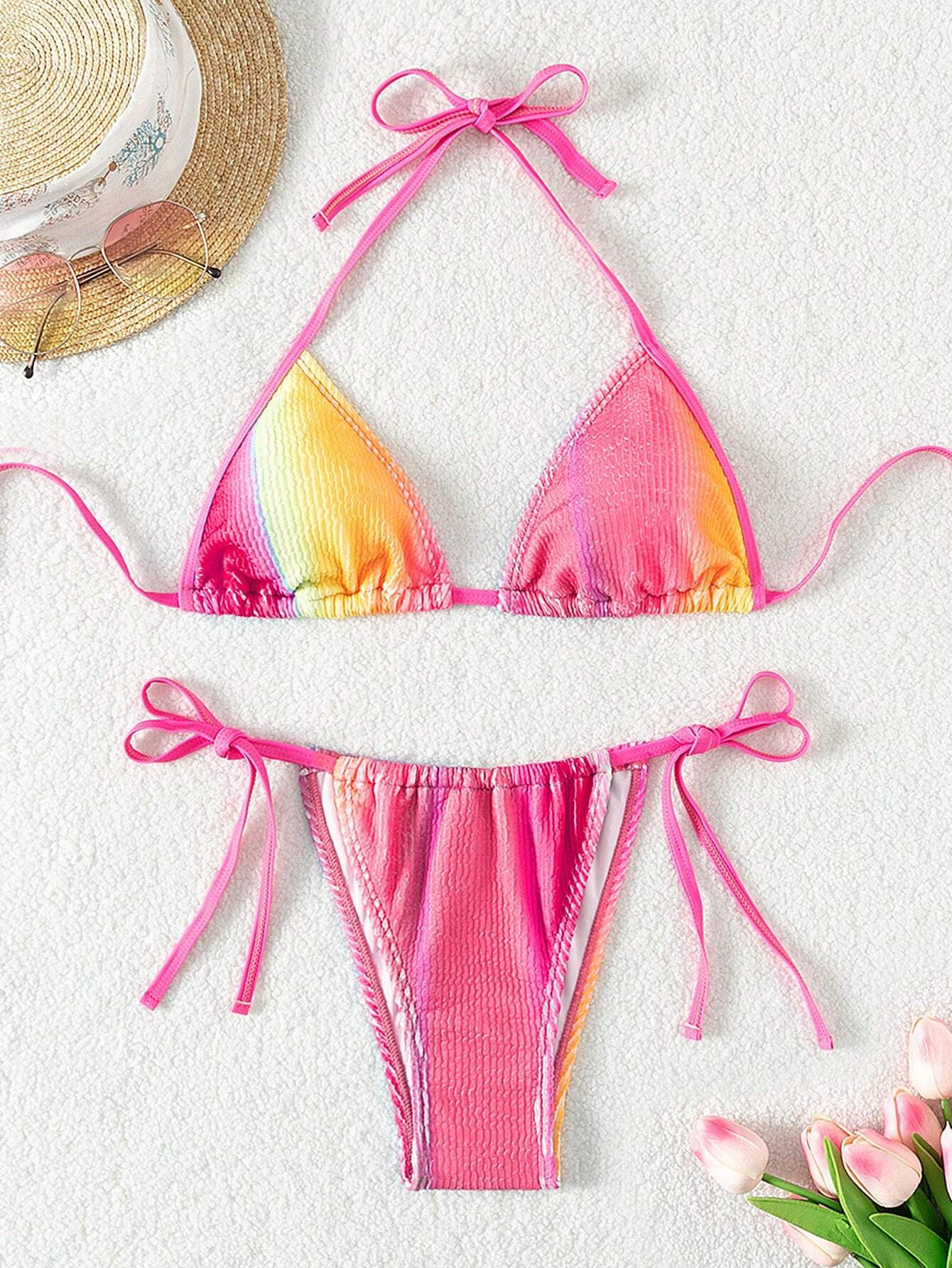 SHEIN Swim Vcay Women Summer Beach Gradient Color Halter Neck Bikini Set | SHEIN