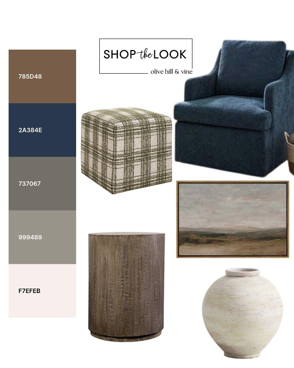 Rich navy, earthy olive, and warm neutrals come together in a timeless living room palette. Layered textures, classic plaid, natural wood, and soft ivory create a space that feels polished, comfortable, and effortlessly inviting.

#LTKHome
