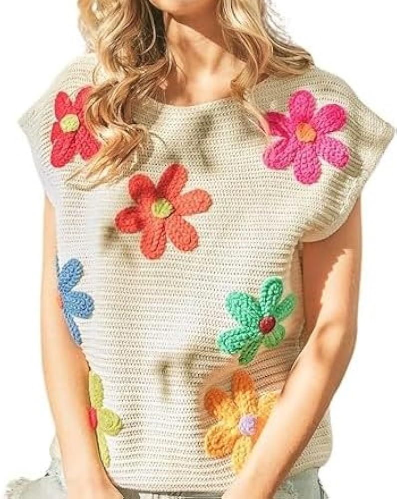 Women Cap Sleeve Sweater Casual Sleeveless Tops Summer Crewneck Blouse Crochet Flower Embroidery ... | Amazon (US)