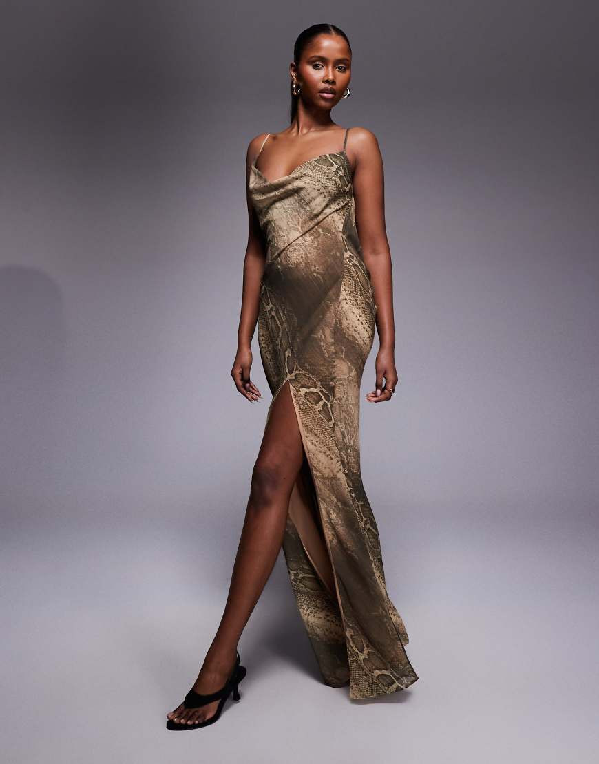 I.AM.GIA Zeta georgette chiffon tie back cowl detail thigh split maxi dress in brown snake | ASOS (Global)