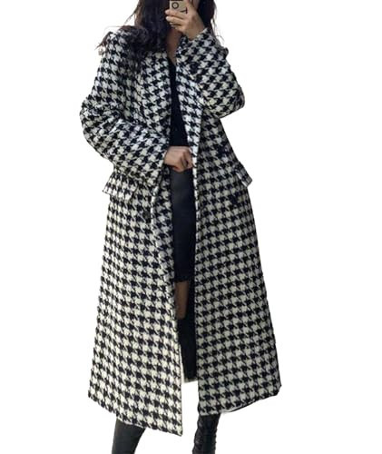 SOMTHRON Women's Houndstooth Trench Coat Notch Lapel Double Breasted Quilted Lined Long Jacket Overcoat Pea Coat BL-2XL | Amazon (US)