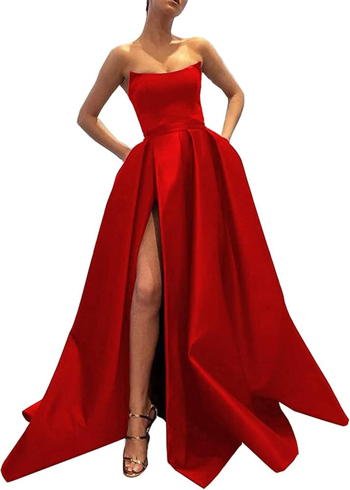 MllesReve Womens Long Strapless Satin Prom Dress Sleeveless Slit Evening Ball Gown with Pockets | Amazon (US)