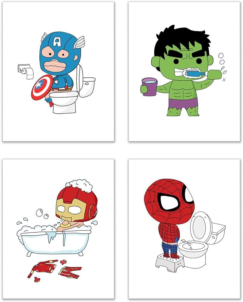 Avengers Bathroom Superhero Kids Photo Prints - Set of 4 (8 inches x 10 inches) Wall Art Decor | Amazon (CA)