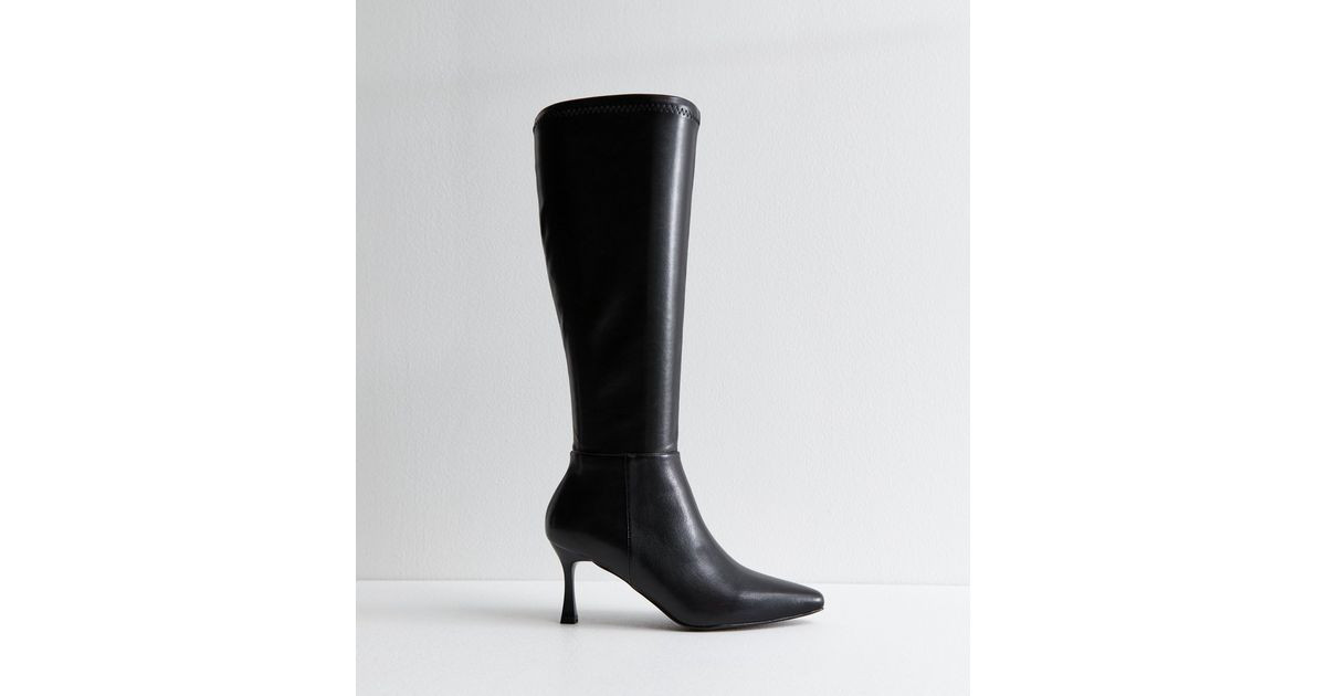 Black Leather Look Knee High Stiletto Boots | New Look | New Look (UK)