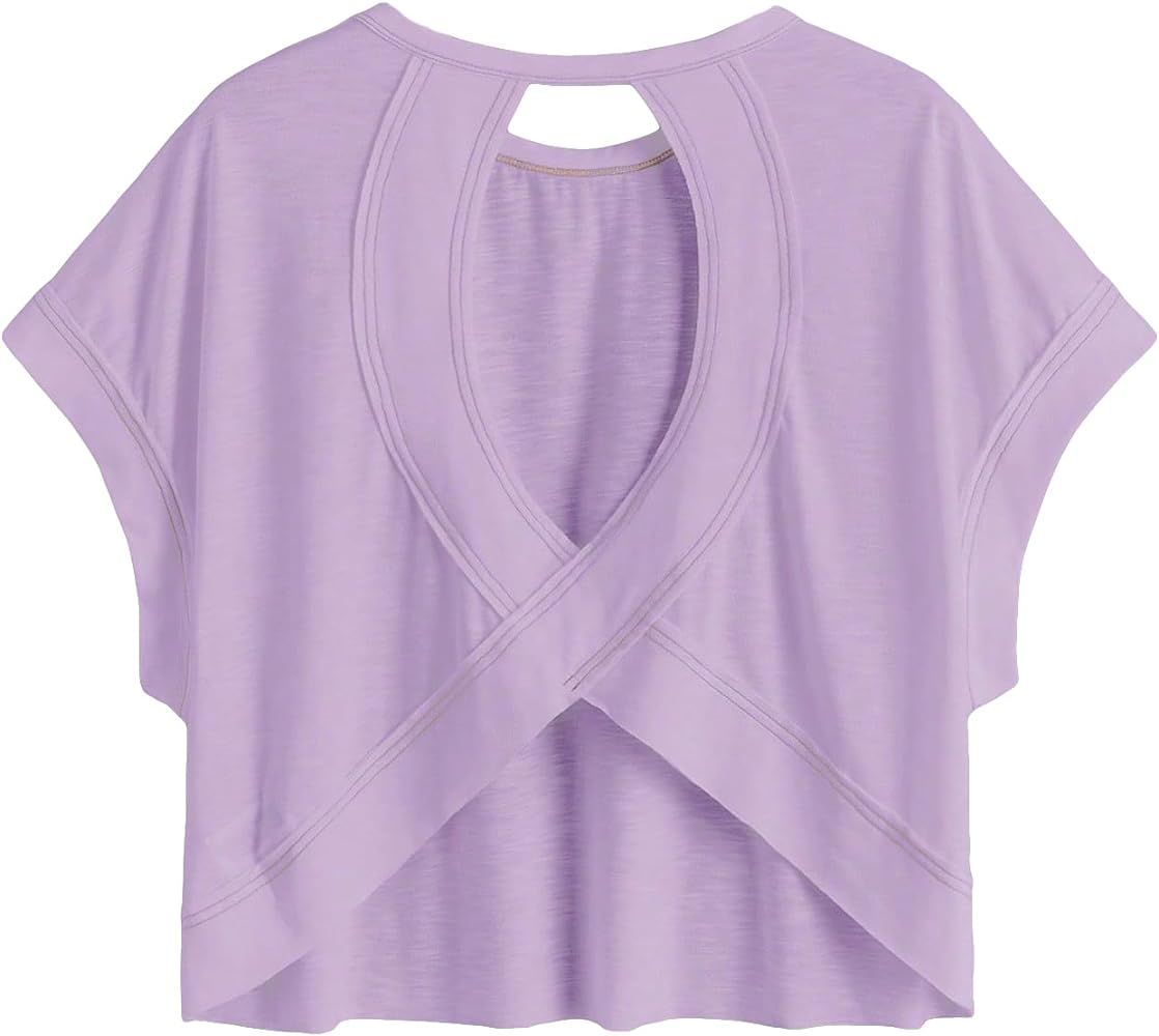 WDIRARA Women's Cut Out Back Round Neck Short Sleeve Asymmetrical Hem Tee Crop T Shirt | Amazon (US)