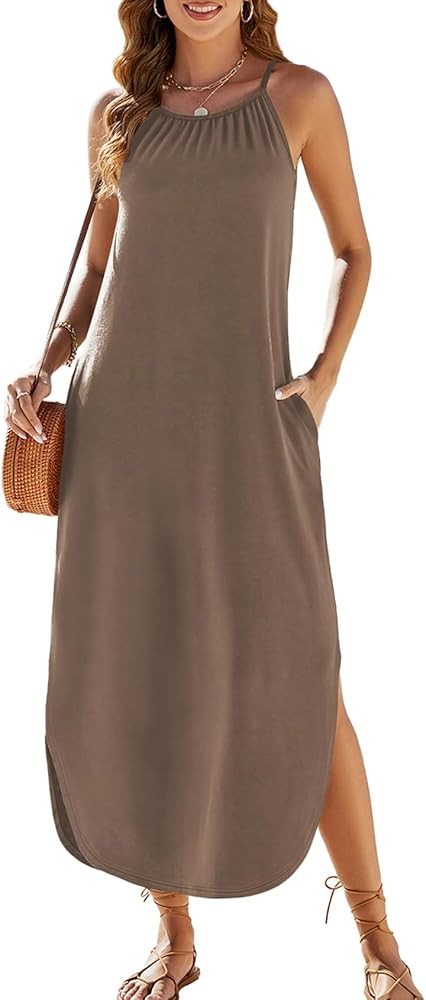 Halife Womens Summer Dresses Casual Loose Halter Long Sundress Sleeveless Split Maxi Beach Dress ... | Amazon (US)