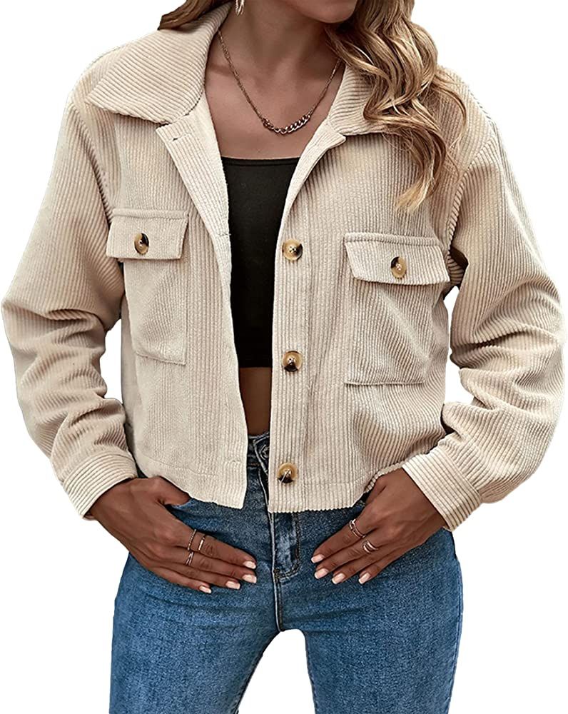 Zontroldy Womens Fashion Cropped Corduroy Plaid Shacket Jacket Button Down Long Sleeve Crop Shirts J | Amazon (US)