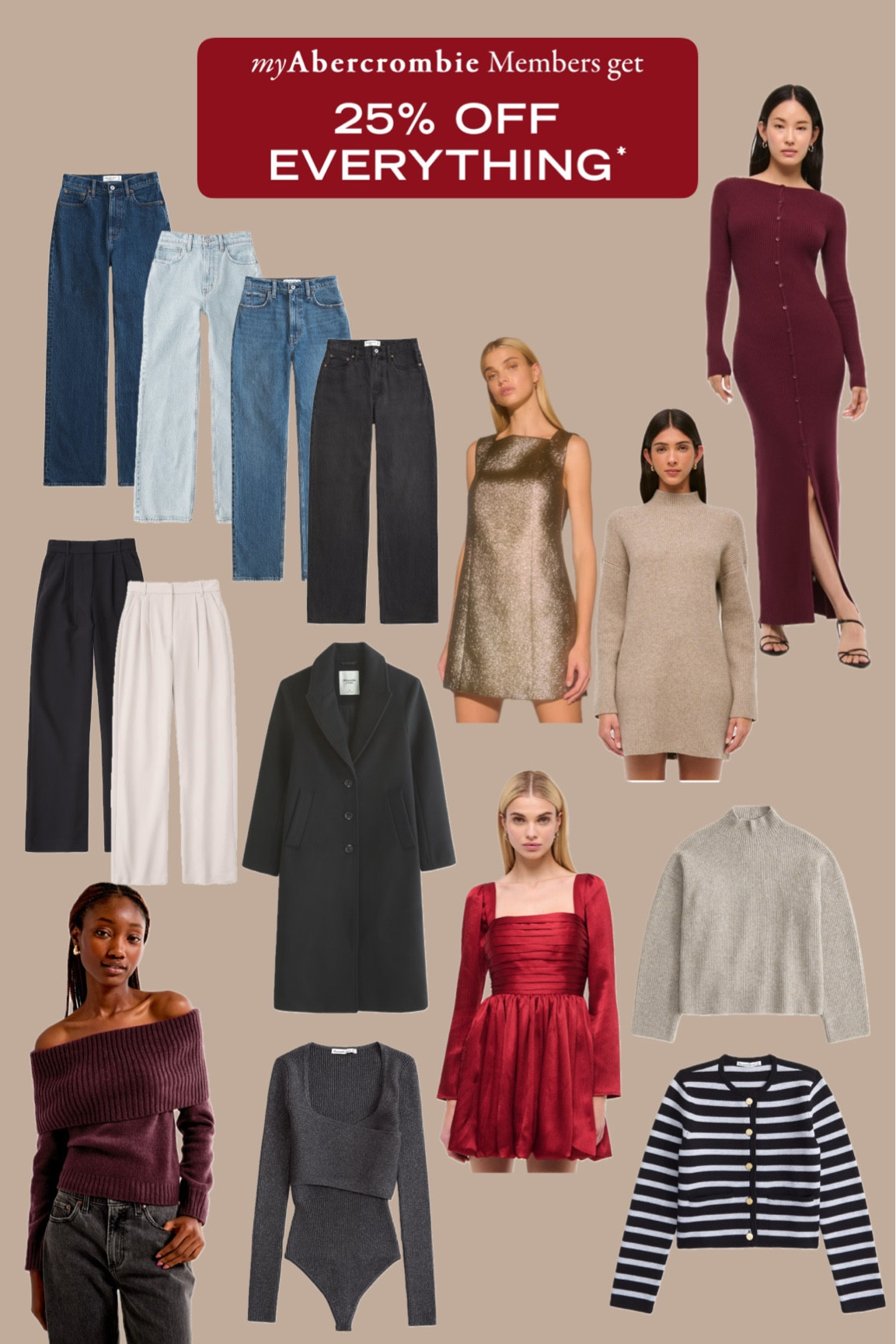 25% off Abercrombie (sign up as a member). Extra 15% off using codes AFSOPHIEA (UK site) or AFKATHLEEN (US site). 

UAE gals can use Shop&Ship to order via UK site. I wear a size 26R in jeans and I’m a standard UK8 5’7"

#LTKuk #LTKCyberWeek #LTKstyletip