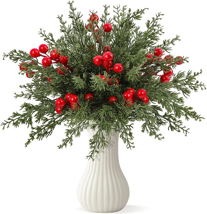 Dapclca 50 Pcs Christmas Artificial Pine Branches with Red Berry Stems, 10.5" Faux Evergreen Norf... | Amazon (US)