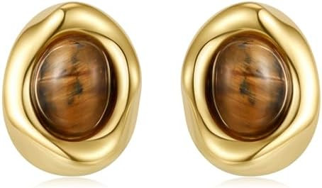 Brown Earrings Circle Chunky Earrings for Women Trendy 18K Gold Plated Stud Hoop Stainless Steel ... | Amazon (US)