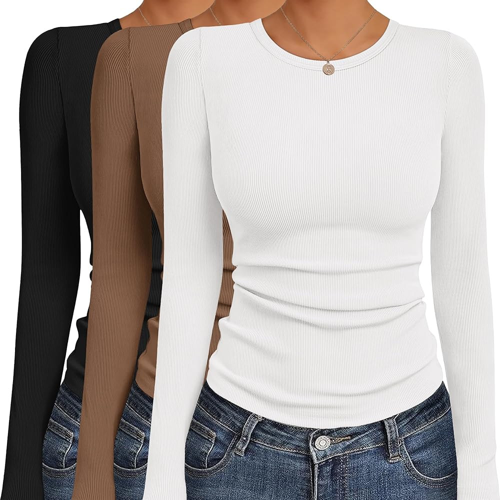Ekouaer Women's Long Sleeve Shirts 3 Packs Crew Neck Stretchy Fitted Tops Ribbed Base Layer Soft ... | Amazon (US)