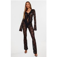 Black Floral Lace Skinny Flare Trousers, Black | PrettyLittleThing UK