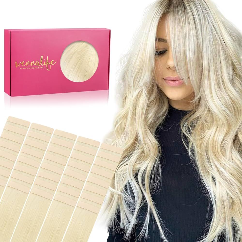 WENNALIFE Tape in Hair Extensions Human Hair, 40pcs 100g 24 inch Platinum Blonde Hair Extensions ... | Amazon (US)