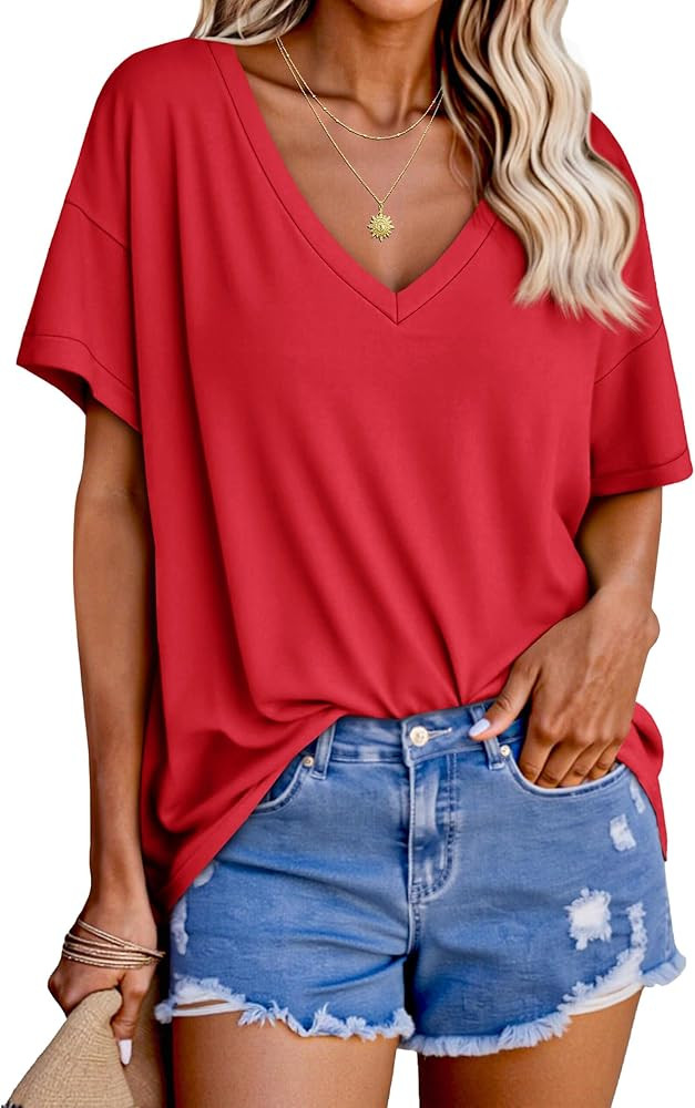 Tankaneo Womens Oversized Tshirts V Neck Short Sleeve Tops Summer Casual Loose Fit Tunic Tee Shir... | Amazon (US)