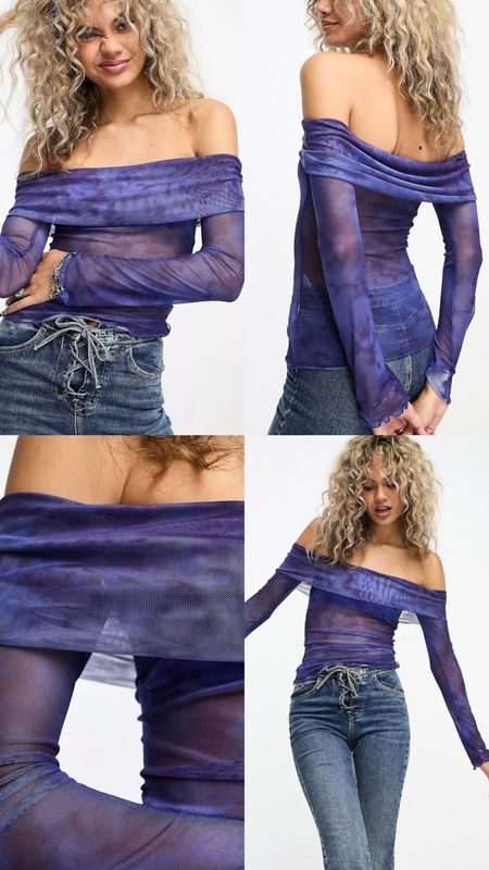  Off shoulder long sleeve top. Purple mesh. On sale under £15. Asos outfit idea. Spring ootd. Affordable fashion.  Wardrobe staple. Timeless. Gift guide idea for her. Luxury, elegant, clean aesthetic, chic look, feminine fashion, trendy look, brunch, casual. 

#LTKfindsunder50 #LTKFestival #LTKsalealert