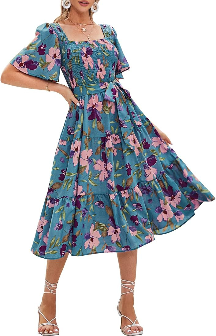 Amegoya Women's Boho Flowy Long Sleeve Square Neck Floral Midi Dress Smocked Spring Fall Wedding ... | Amazon (US)