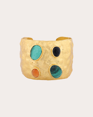 Bohème by Véro Women's Carnelian & Malachite Rococo Large Cuff in Orange, Black, Green And Gold 18K Gold | Olivela