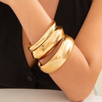 3pcs/Set Metal Crinkle Textured Open Cuff Bracelets, Fashionable Curved Smooth Wide Bangle Accessory For Women, Suitable For Party, Daily Wear, Holida | SHEIN