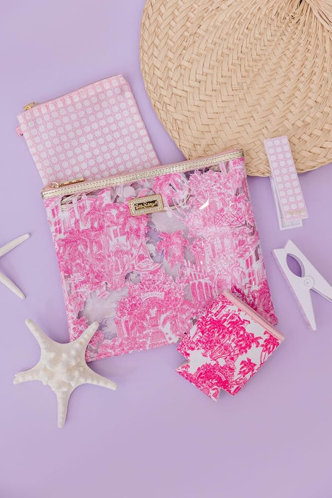 Lilly Pulitzer Water Resistant Vinyl Beach Day Pouch, Zipper Bag Includes Drink Hugger, Small Pou... | Amazon (US)