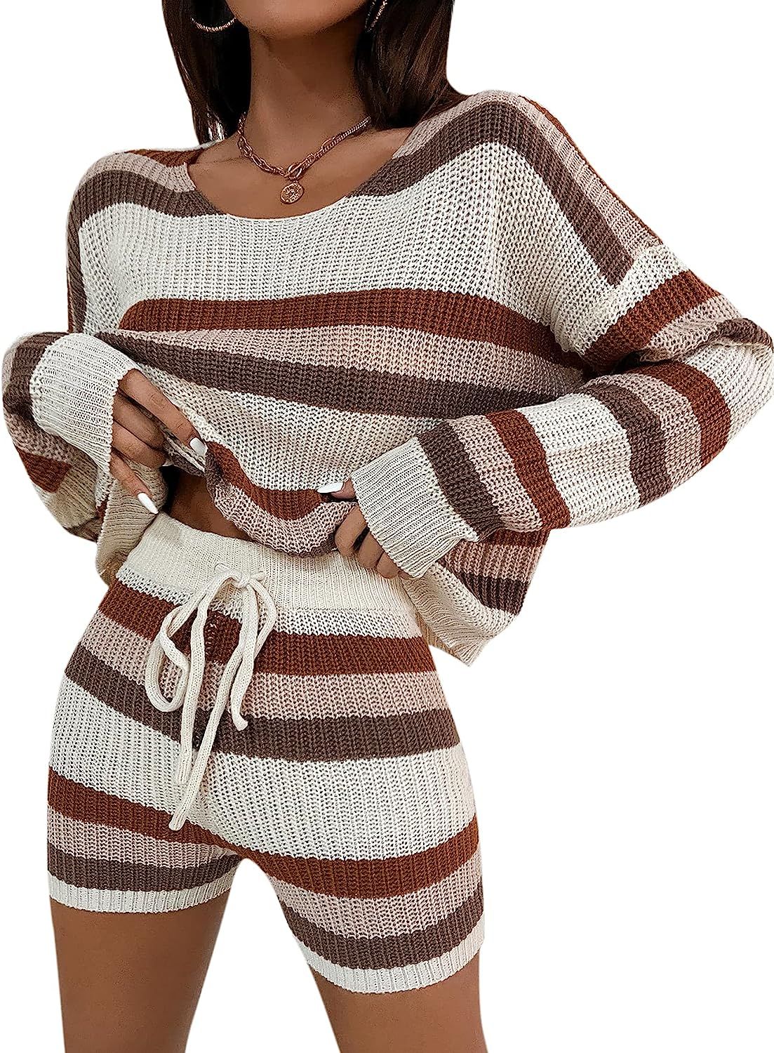 Amazon.com: SheIn Women's 2 Piece Striped Round Neck Drop Shoulder Sweater and Drawstring Knit Sh... | Amazon (US)