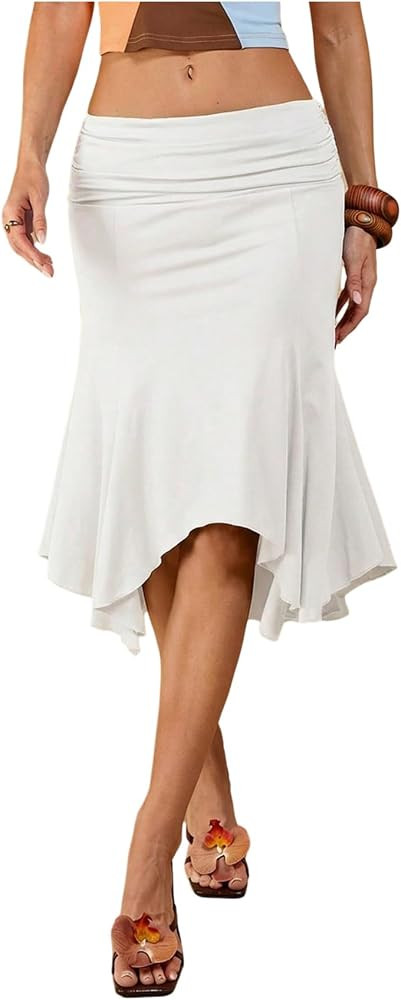 Floerns Women's Summer Midi Skirts Asymmetrical Ruffle Hem Ruched Date Night Skirts | Amazon (US)