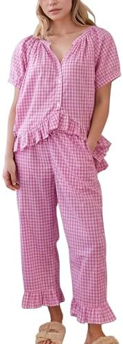 Womens 2 Piece Gingham Pajamas Set Cute Plaid Pjs Cotton Short Sleeve Babydoll Shirt Ruffle Pants... | Amazon (US)