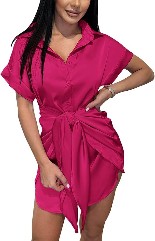BTFBM Women Button Down Shirts Dresses Satin Short Sleeve V Neck Elastic Waist Self Tie Knot Club... | Amazon (US)