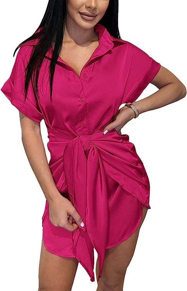 BTFBM Women Button Down Shirts Dresses Satin Short Sleeve V Neck Elastic Waist Self Tie Knot Club... | Amazon (US)