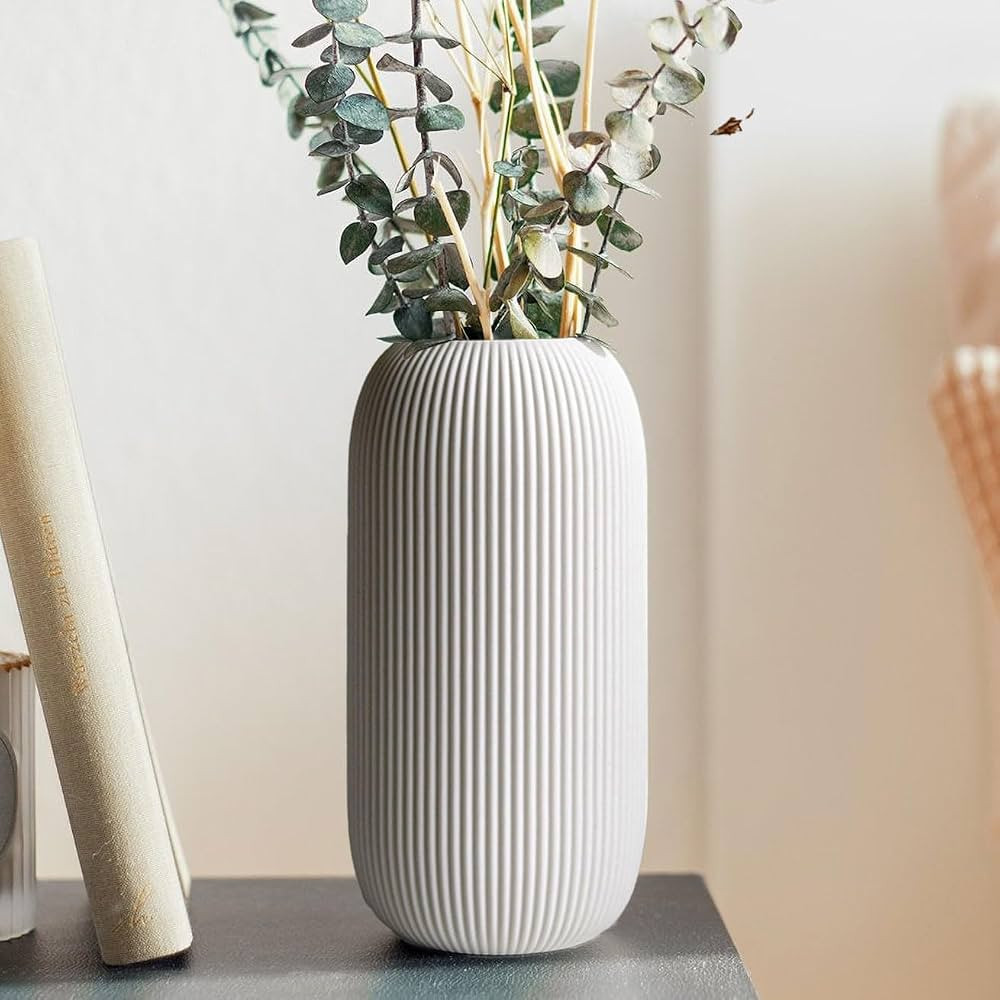 White Ceramic Ribbed Vases for Home Decor,Small Flower Vase for Pampas Grass,Modern Minimalist De... | Amazon (US)