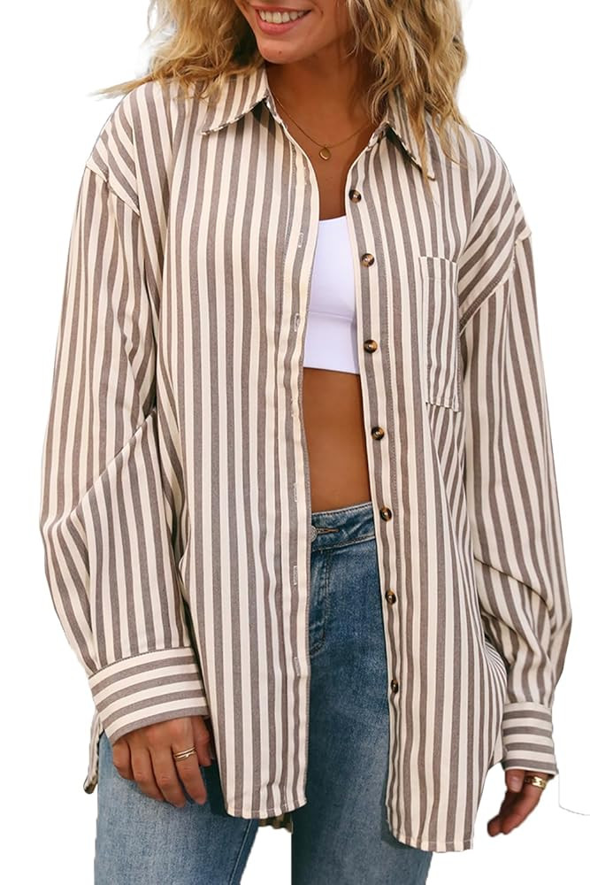 CHYRII Womens Striped Button Down Shirt Casual Long Sleeve Blouse Top | Amazon (US)