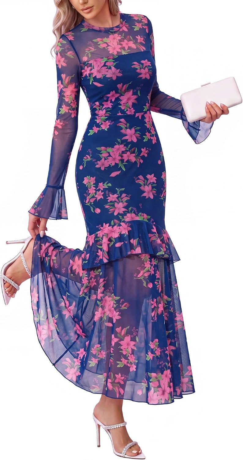 BTFBM Elegant Wedding Guest Dress Long Sleeve Maxi Dresses for Women | Amazon (US)