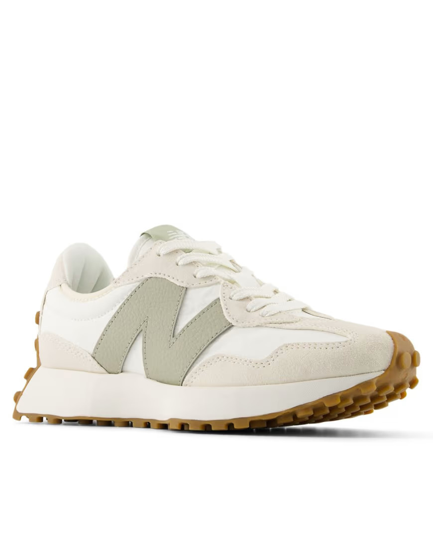 New Balance 327 sneakers in white and beige with light green detail | ASOS (Global)