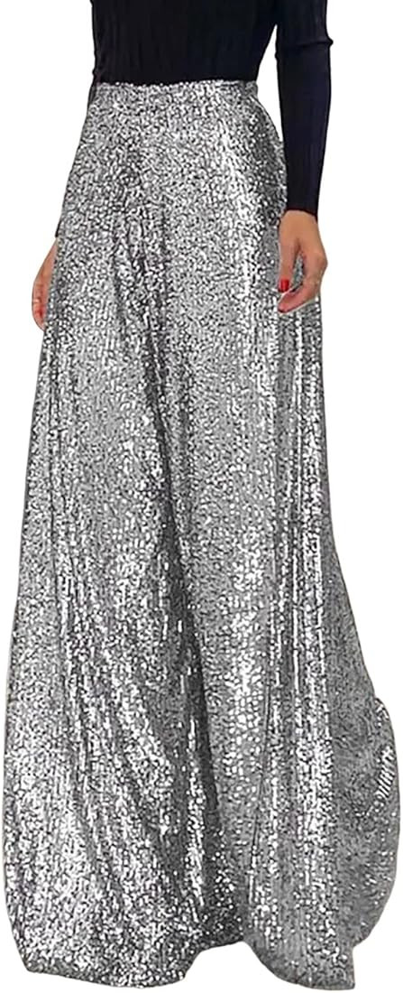 Women Sequins Wide Leg Pants Plus Size Palazzo Pants Loose Palazzo Pants Elastic High Waisted Flo... | Amazon (US)