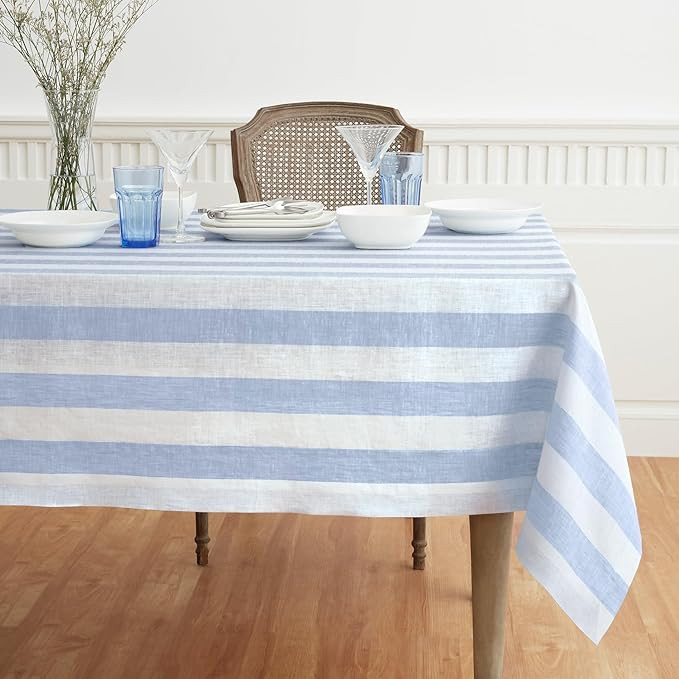 Solino Home Linen Tablecloth 60 x 120 Inch - Cabana Stripe 100% Pure Linen Sky Blue and White Tab... | Amazon (US)