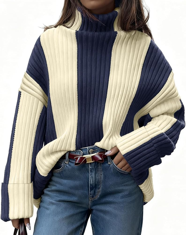 Saodimallsu Womens Turtleneck Sweater Color Block Striped Oversized Sweaters Winter Casual Trendy... | Amazon (US)