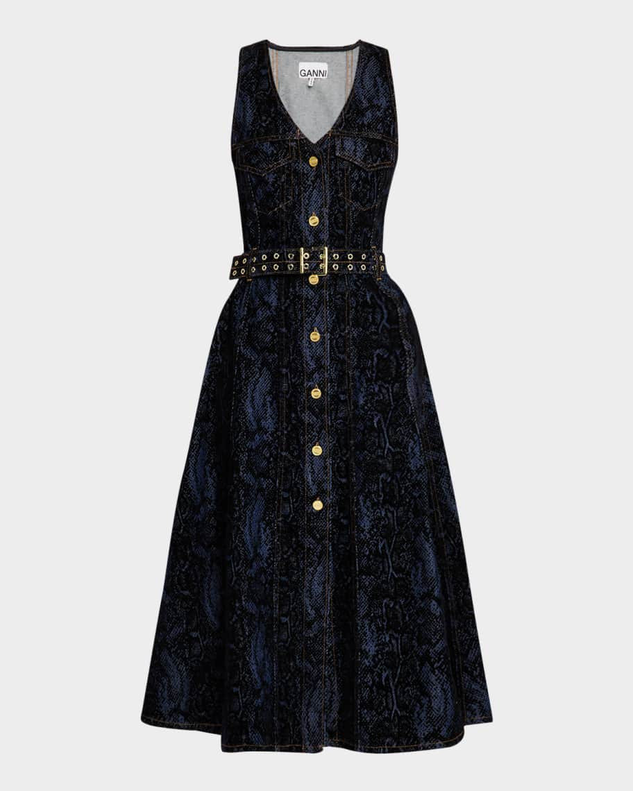Ganni Belted Denim Snakeskin Midi Dress | Neiman Marcus