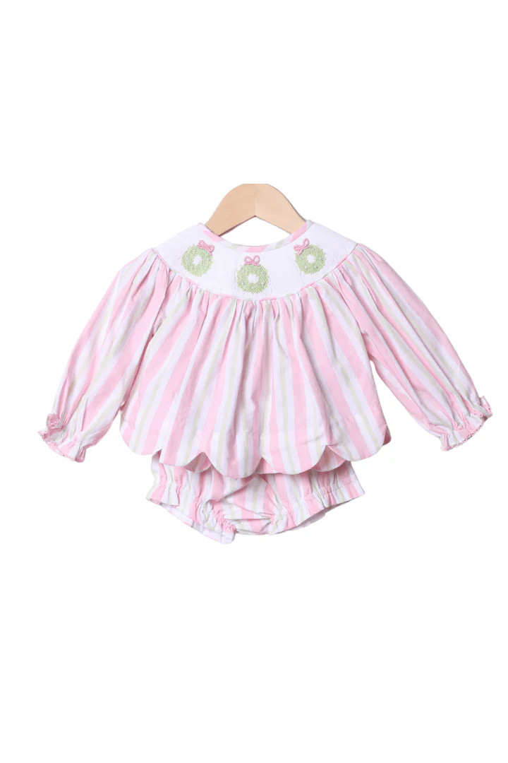 Smocked Pearl Wreath Pink and Green Stripe Scallop Bloomer Set | The Smocked Flamingo