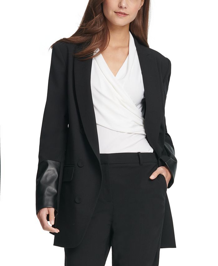 DKNY Faux Leather Cuff Double Breasted Blazer & Reviews - Jackets & Blazers - Women - Macy's | Macys (US)