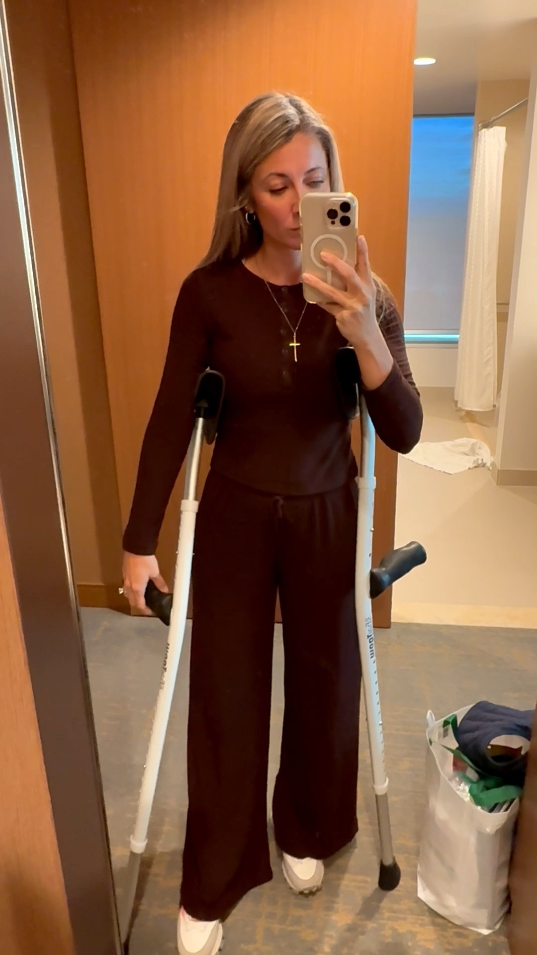 The absolute best comfy cozy ribbed set from Target Auden to travel in! And I am loving this brown color this season!! Wearing an XS in both! Also, don’t mind the crutches from my recent hip surgery 🫠😬

#LTKPetite #LTKOver40 #LTKootd