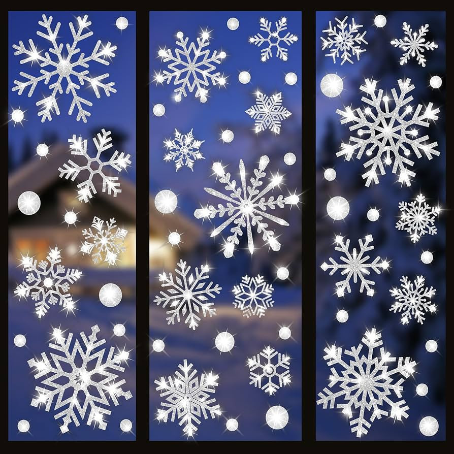 8 Sheets Extra Large Glitter Snowflake Window Clings Christmas White Window Decals Winter Snowfla... | Amazon (US)