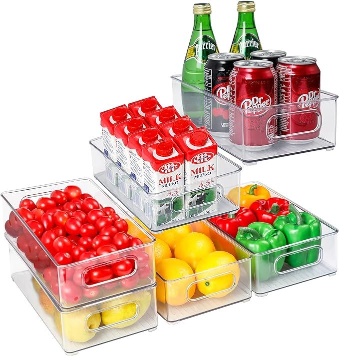 Set of 6 Refrigerator Organizer Bins, Stackable Plastic Food Storage Bins, Plastic Pantry Cabinet wi | Amazon (US)