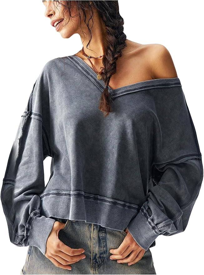 Women's Off The Shoulder Sweatshirts V Neck Long Sleeve Crop Tops Pullovers | Amazon (US)
