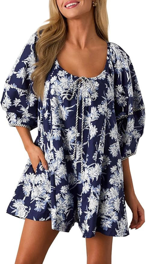 Cicy Bell Womens Summer Floral Romper Loose Scoop Neck Lantern Sleeve Short Jumpsuits Front Tie B... | Amazon (US)