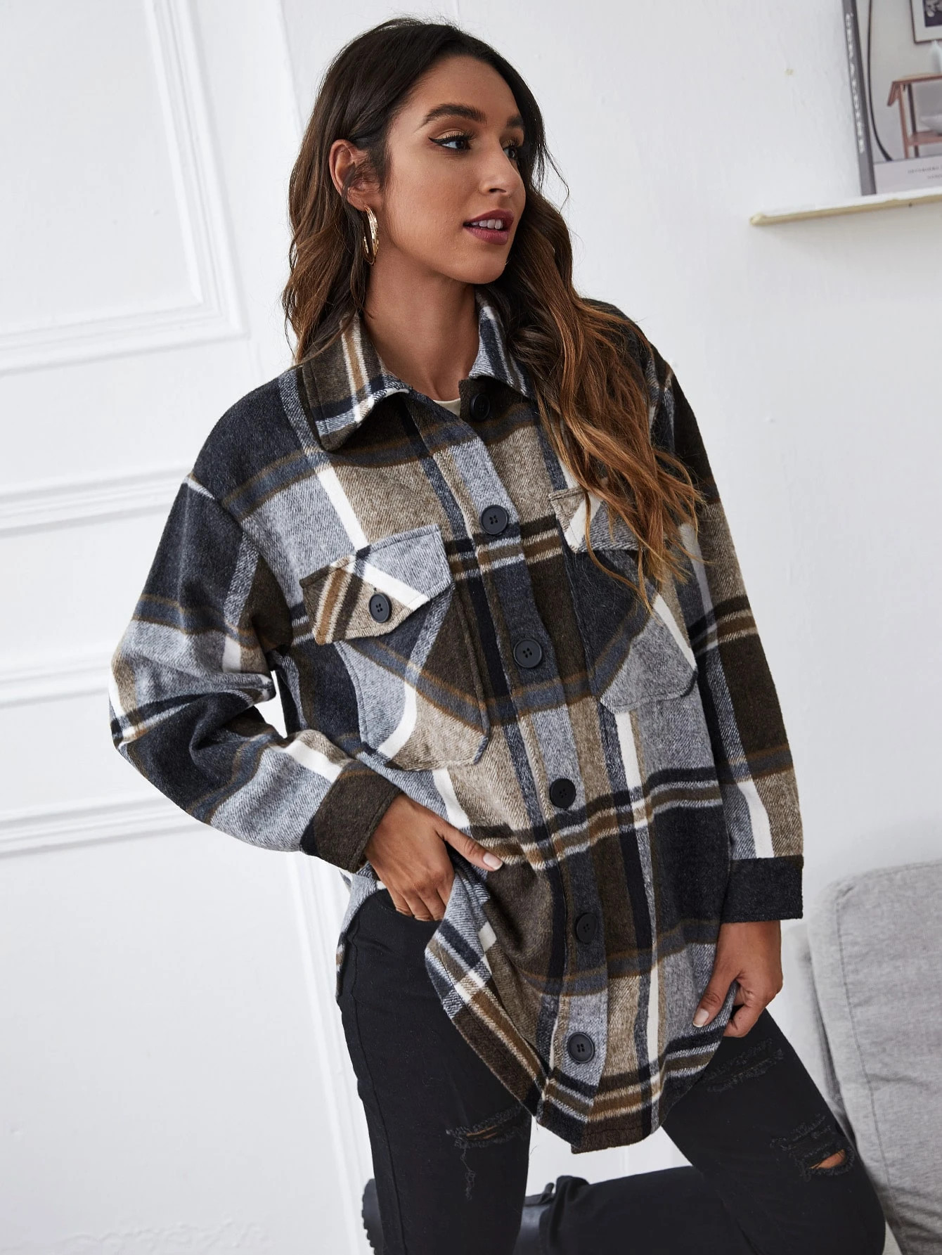 Button Up Curved Hem Plaid Overshirt | SHEIN