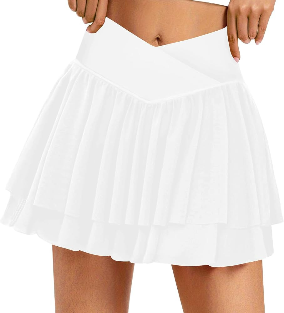 Tennis Skirts for Women Crossover High Waisted Lightweight Pleated Ruffle Mini Workout Skorts with Pockets | Amazon (US)