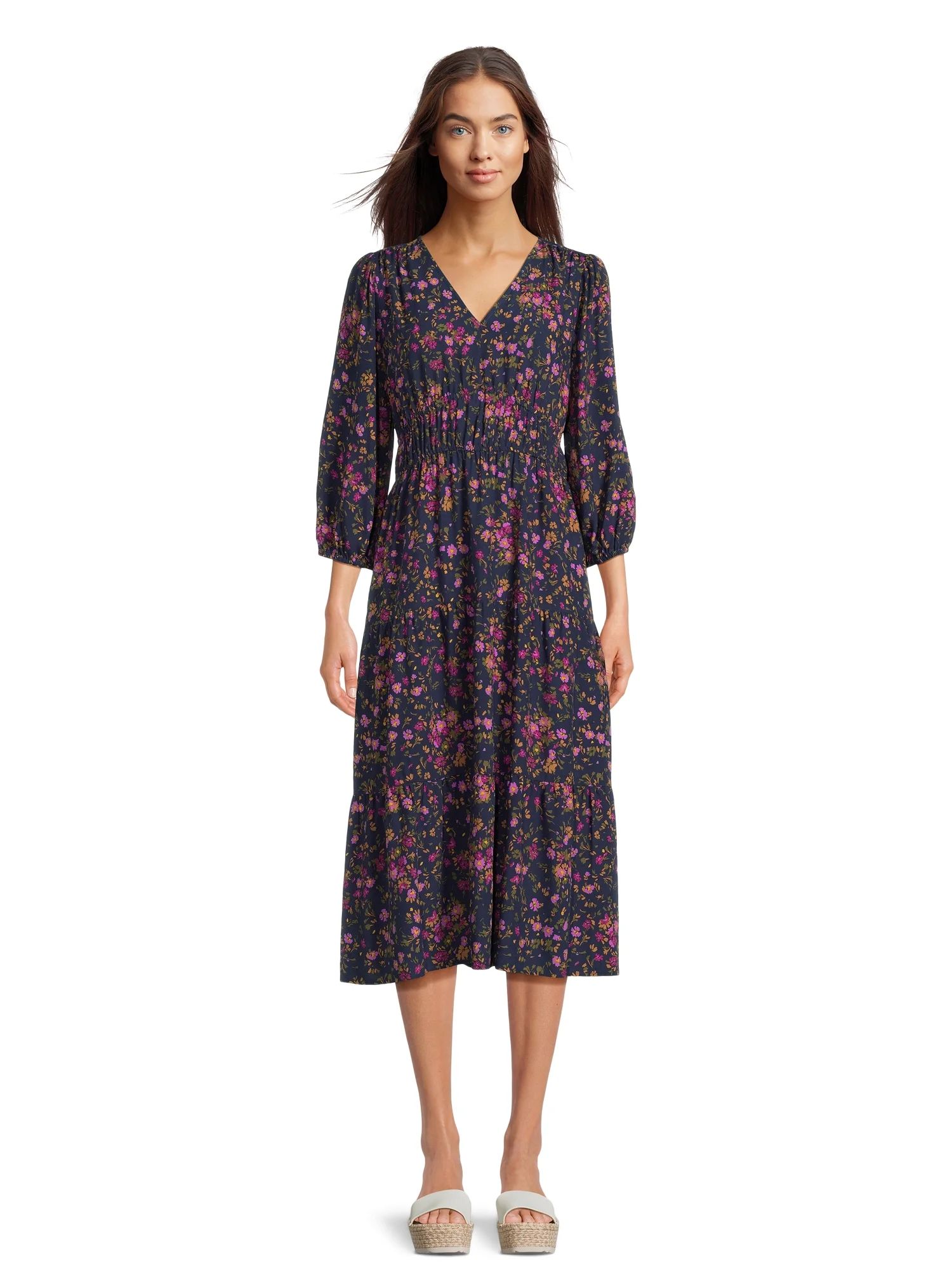 Time and Tru Women’s 3/4 Sleeve Midi Dress, Sizes XS-XXXL - Walmart.com | Walmart (US)